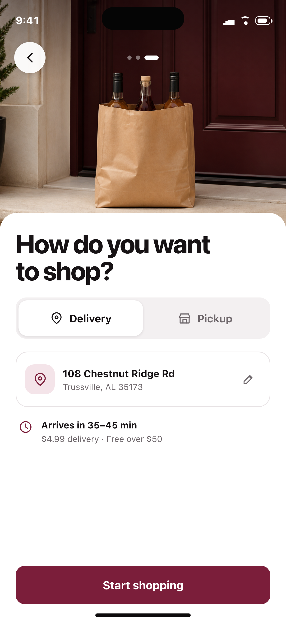 Liquor Express delivery or pickup selection screen